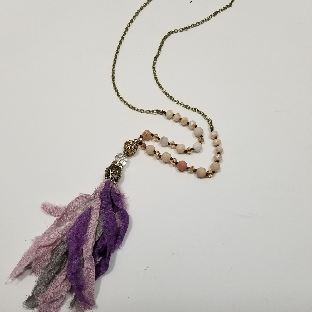 Crystal & Stone Sari Silk Tassel Necklace Purple
